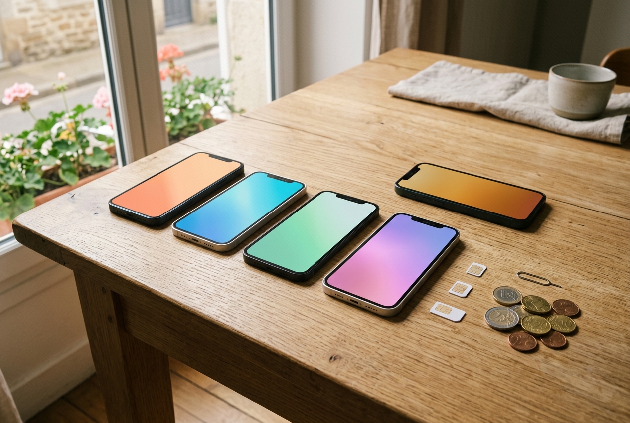 Cinq smartphones alignés sur une table en bois avec des cartes SIM, un trombone et des pièces de monnaie.