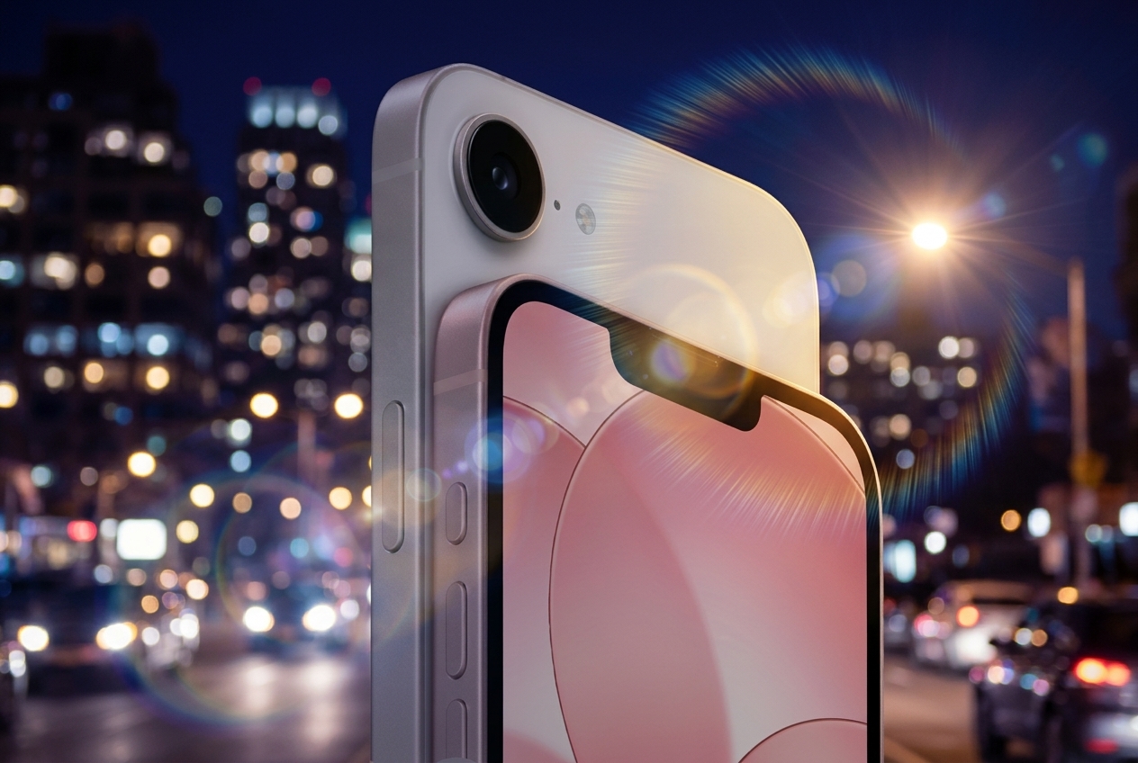 Deux smartphones superposés devant un paysage urbain nocturne avec des effets de lumière.