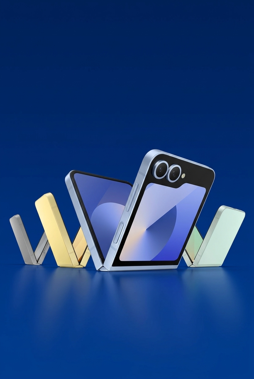 Plusieurs smartphones pliables de différentes couleurs disposés sur un fond uni.