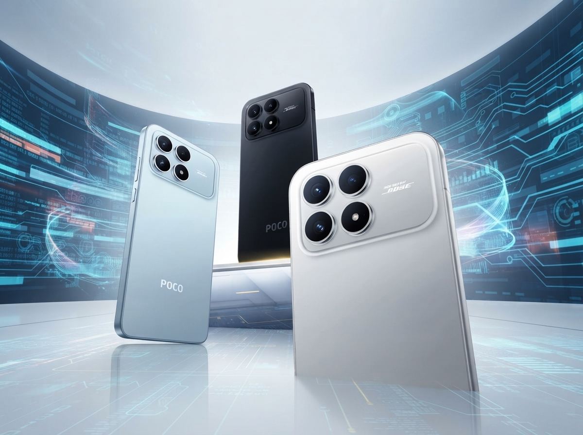 Trois smartphones Poco de couleurs différentes sur un fond numérique bleu.