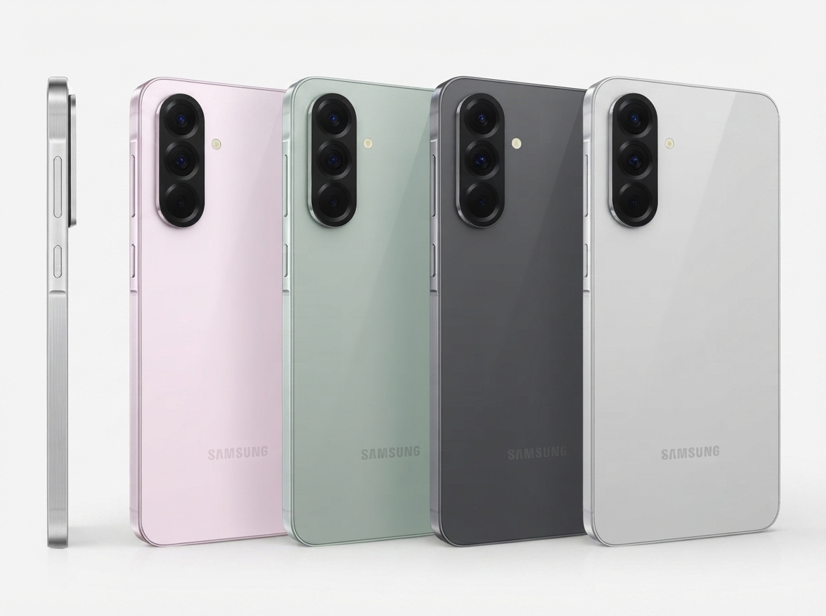 Quatre smartphones Samsung alignés, présentés de dos et de profil dans différents coloris.
