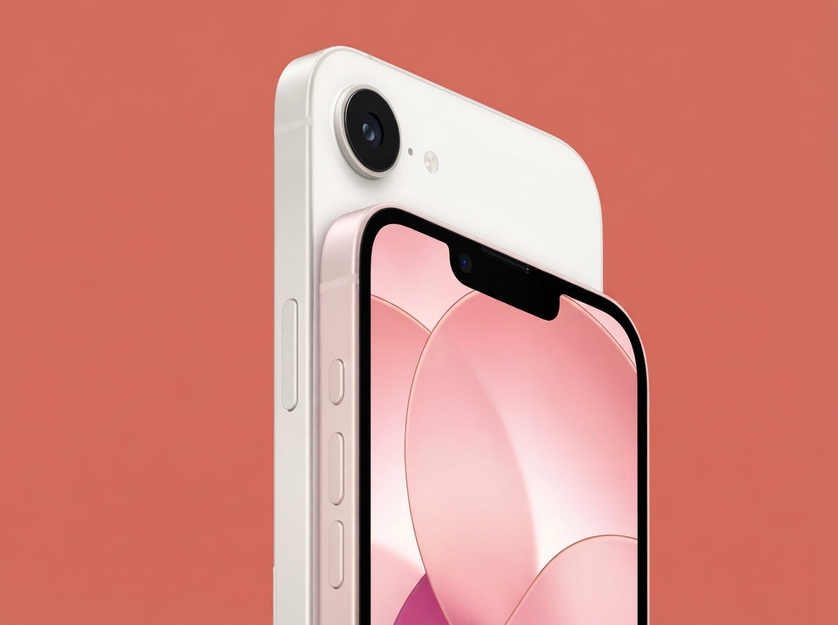 Deux smartphones superposés sur un fond de couleur unie.