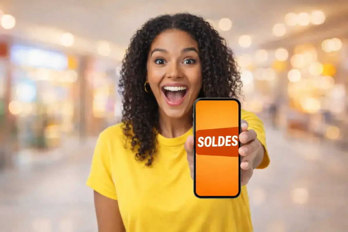 Femme souriante montre son smartphone avec écrit "SOLDES" sur l'écran, car YouPrice augmente la data ou baisse le prix de ses forfaits mobile sur le réseau Orange