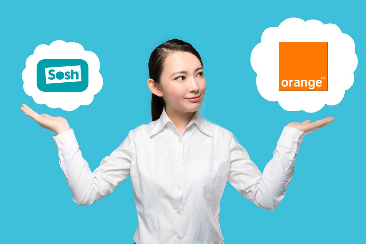 Femme avec logos d'Orange et Sosh dans chaque main car elle hésite entre leurs deux box Internet