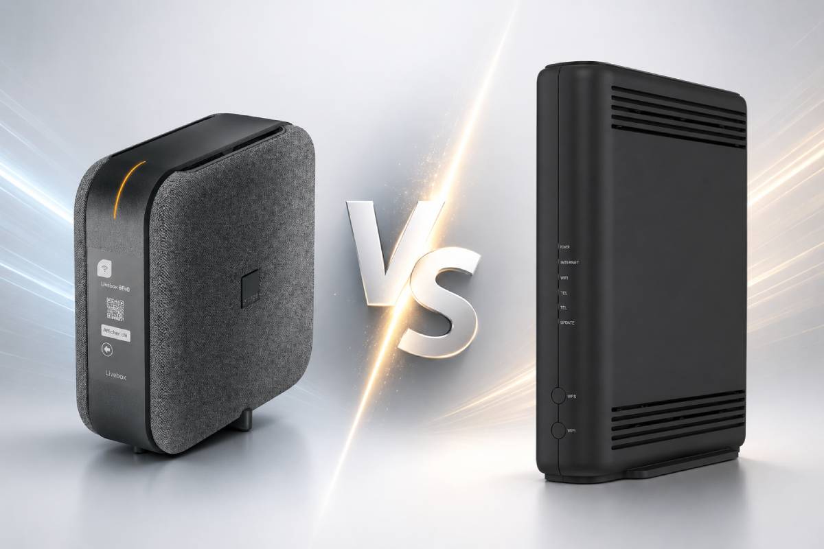 Comparatif de deux box internet, l'une éclairée en rouge et l'autre en orange, séparées par un symbole VS.