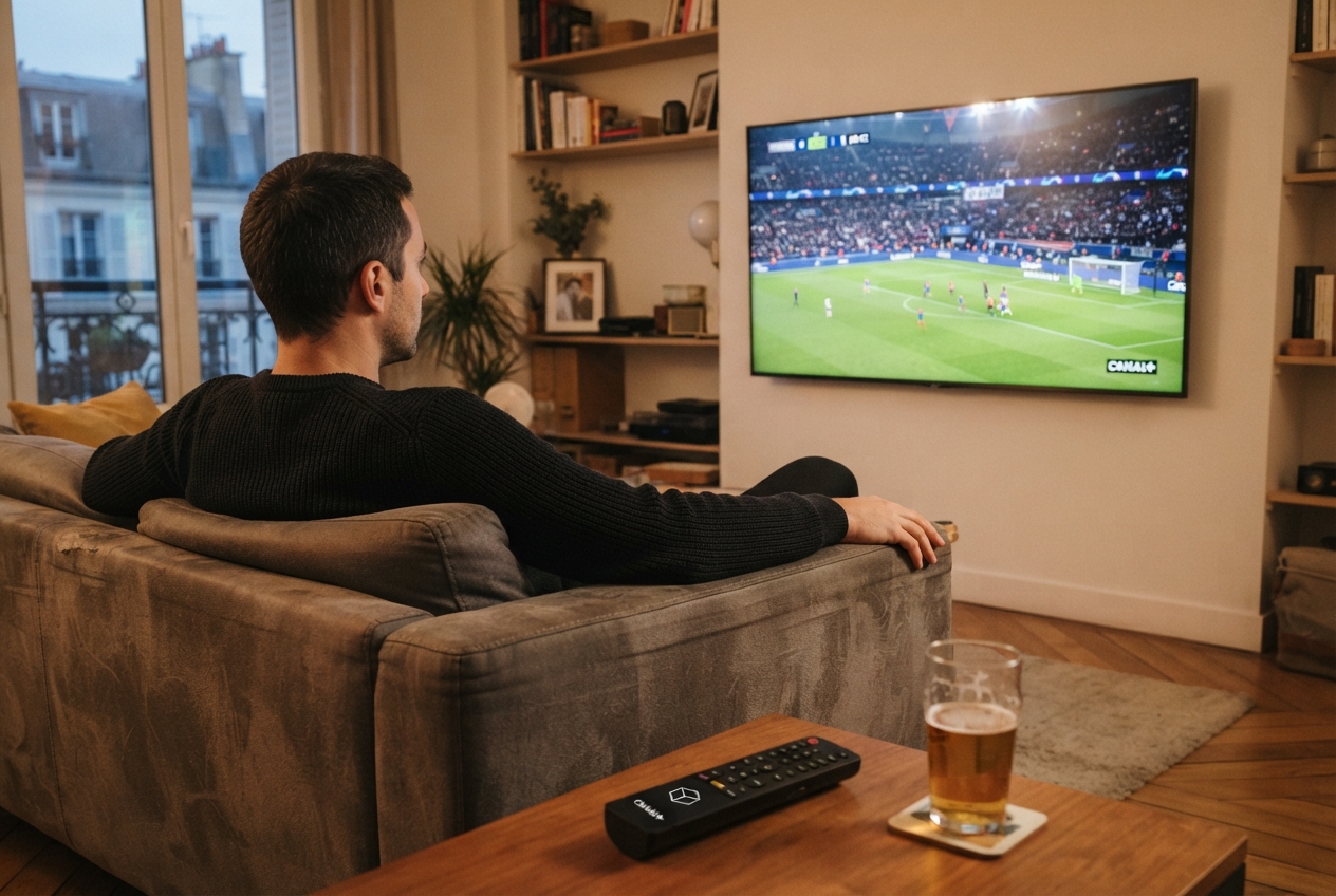 Un spectateur regarde un match de football européen sur Canal+ dans son salon