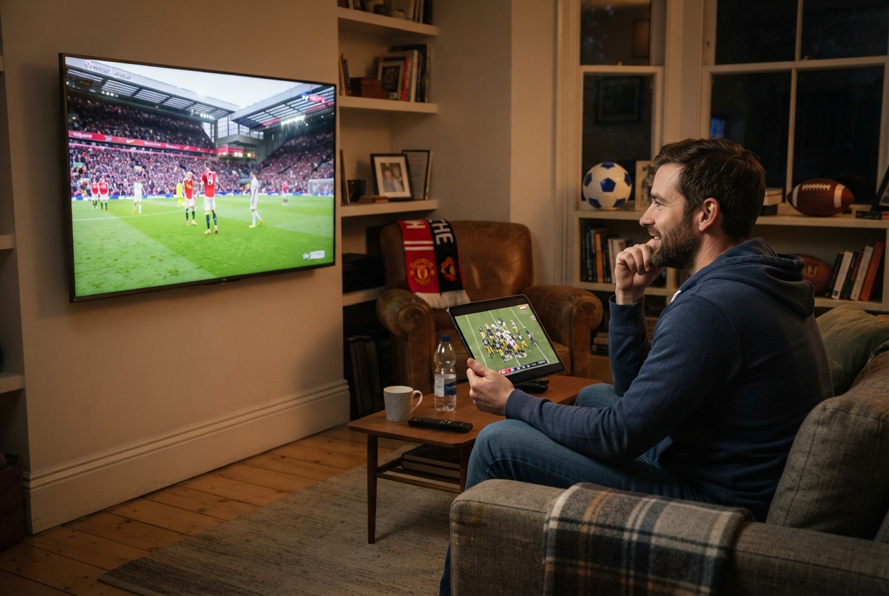 Un homme regarde un match de football européen sur une télévision et un match de football américain sur une tablette.