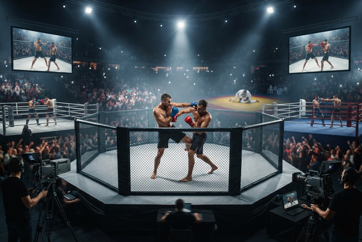 Combattants de MMA dans une cage octogonale entourés d'équipements de diffusion télévisée dans une arène sportive.