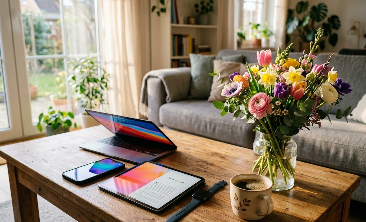 Table basse avec quatre appareils numériques aux reflets colorés distincts, bouquet de fleurs printanières et mug de café, lumière de dimanche après-midi