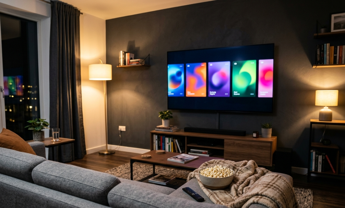 Salon contemporain en soirée, télévision affichant une grille floutée de cinq vignettes-affiches abstraites en dégradés colorés, canapé avec un plaid et un bol de pop-corn au premier plan.