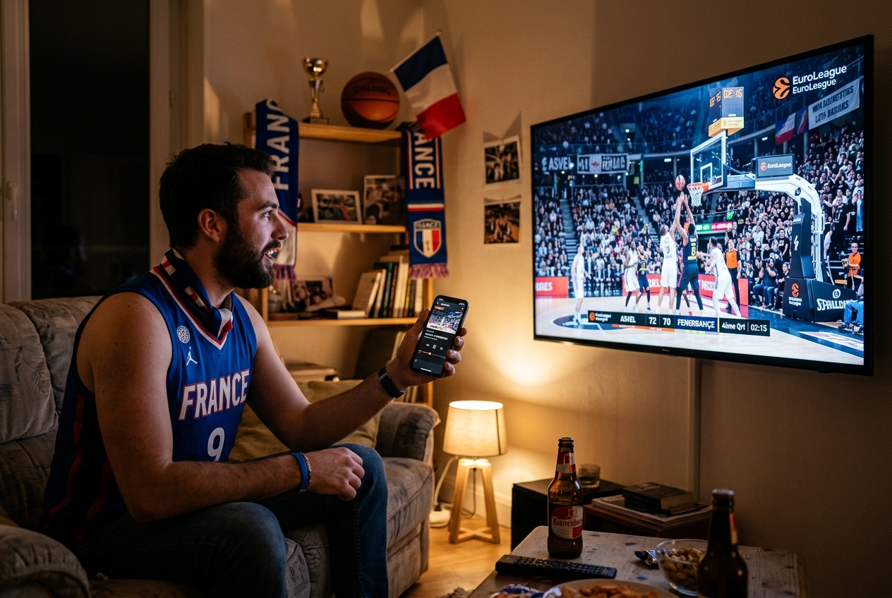 Supporter français regardant un match de basket européen sur écran avec un smartphone en main.