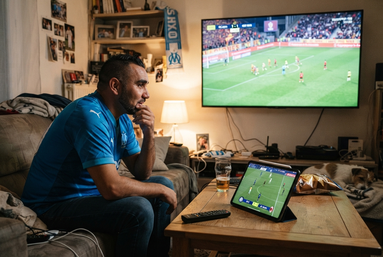 Un homme regarde un match de football à la télévision dans son salon avec une tablette affichant un autre match.