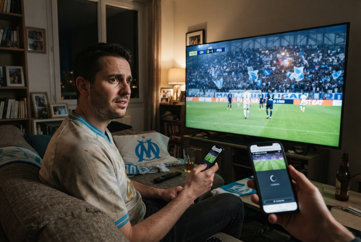 Supporter français regardant un match de football à la télévision dans son salon avec un smartphone en main.