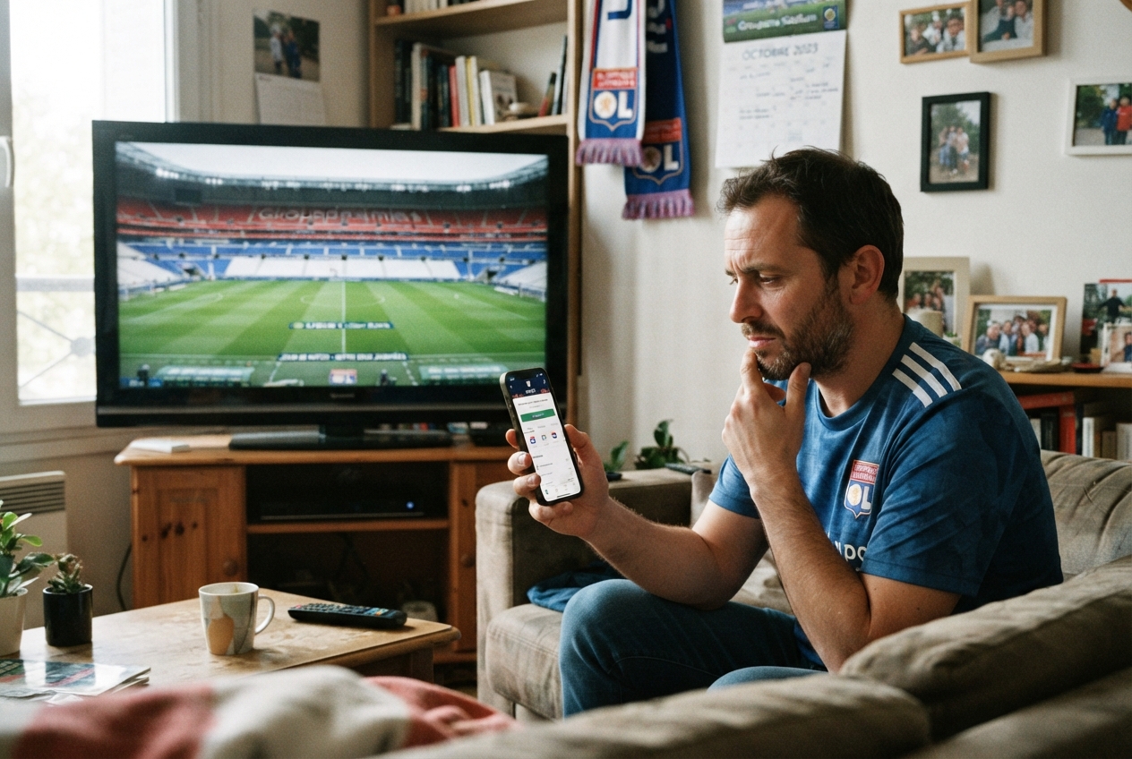 Un homme assis dans un salon regarde un stade vide sur son téléviseur tout en consultant son smartphone.