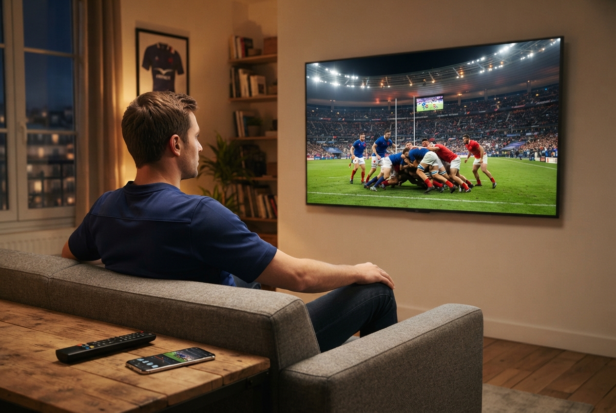 Supporter de rugby regardant un match sur un téléviseur dans un salon avec un smartphone sur la table basse.