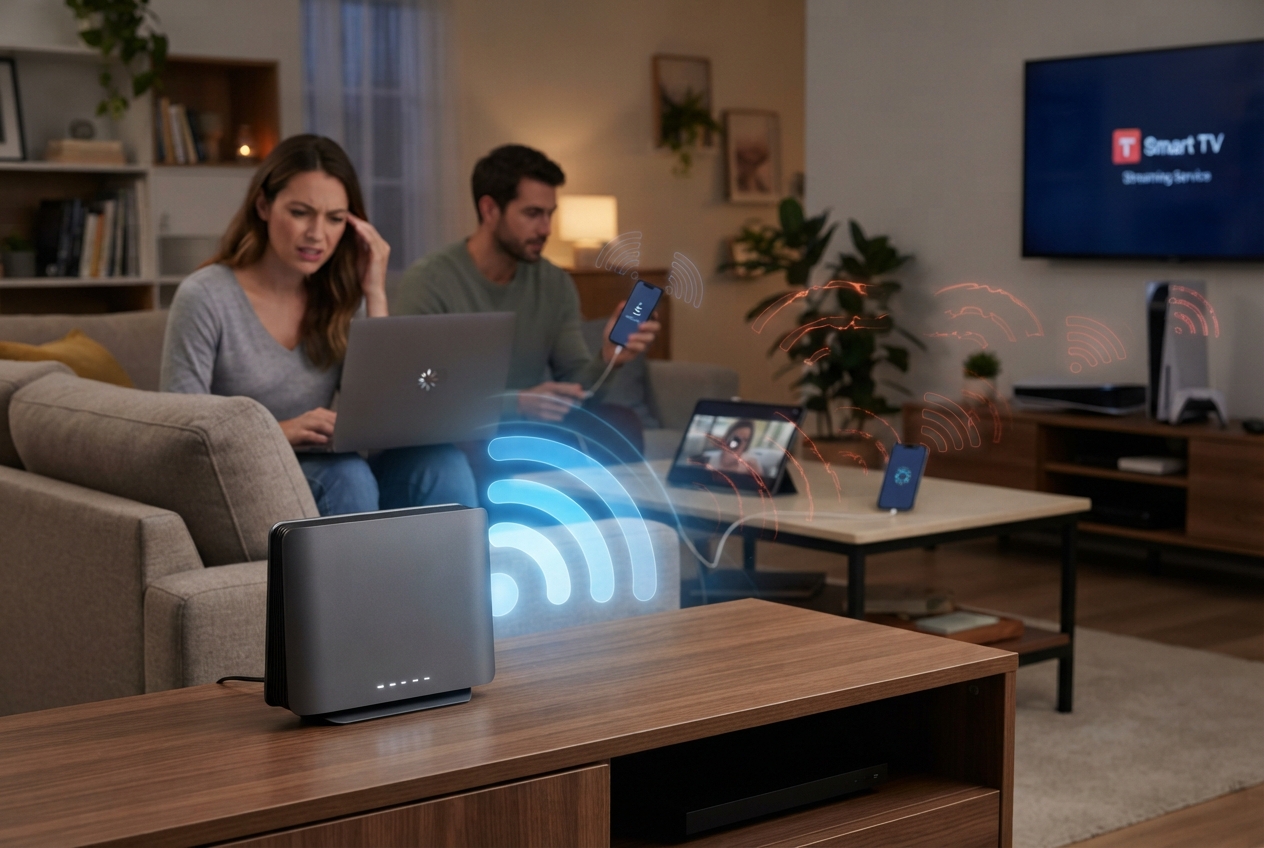 Box internet dans un salon entourée d'appareils connectés avec des signaux Wi-Fi affaiblis.