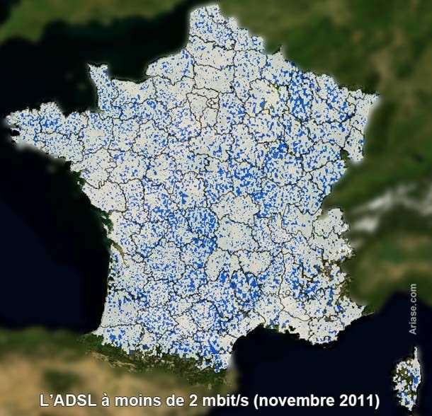 Carte des zones ADSL à moins de 2 mbit/s