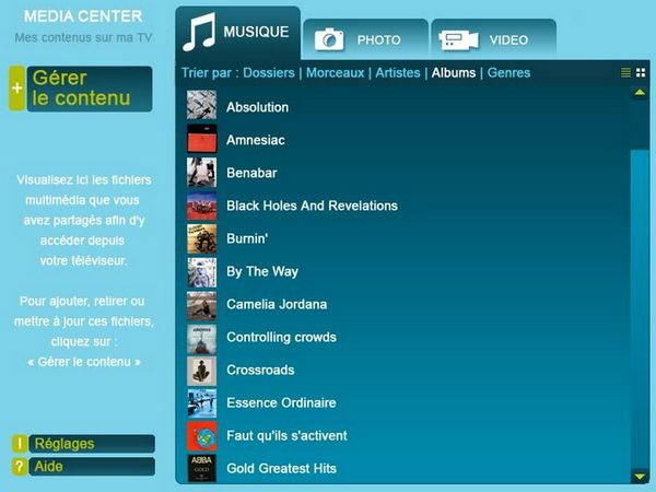 Mediacenter du décodeur Bbox TV