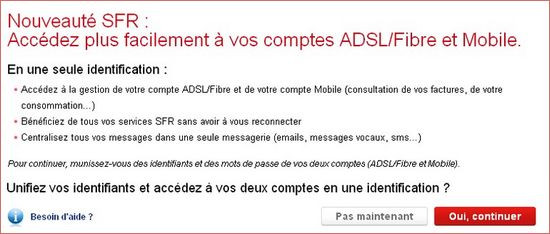 procédure d'unification des comptes ADSL et Mobile SFR