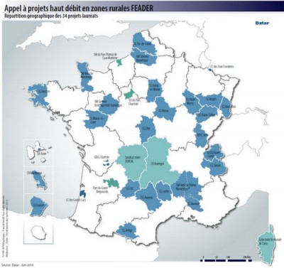Carte des 34 projets haut débit en zones rurales