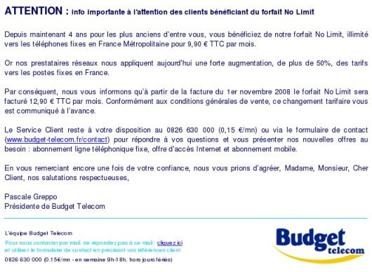 Hausse du forfait No Limit de Budget Telecom