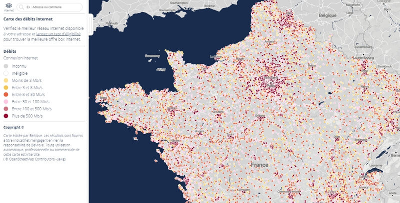 Carte pour connaître le débit Internet chez soi