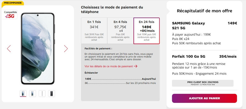 Achat du Samsung S21 avec la souscription d'un forfait SFR 5G 100 Go