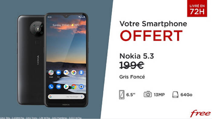 Nokia 5.3 offert en vente privée Free : 6,5 pouces, 13 MP, 64 Go