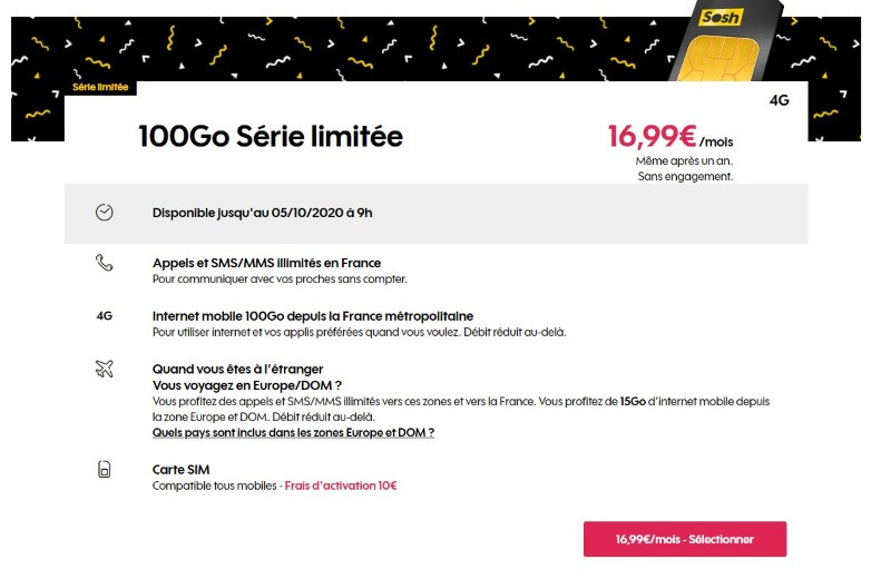 Détails du forfait Sosh en promotion avec 100 Go