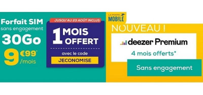 Deezer gratuit pendant quatre mois et le premier mois offert à le forfait SIM 30 Go La Poste Mobile