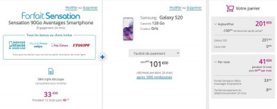 100€ remboursés sur l'achat d'un Samsung Galaxy S20 pour toute souscription d'un forfait Sensation