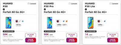 Le Huawei P30 est à seulement 1€ grâce aux promos SFR sur les offres forfait + mobile.