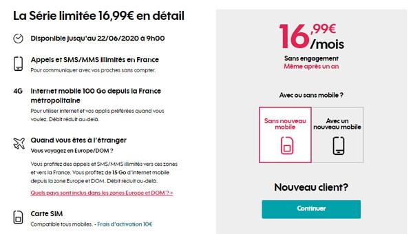 Prix et caractéristiques du forfait Sosh 100 Go en série limitée à 16,99 euros par mois.