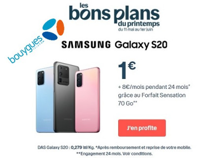 Le Samsung Galaxy S20 à seulement 1€ avec un forfait subventionné Bouygues