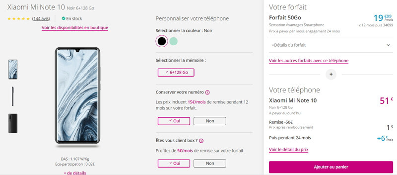 Détail du prix du Xiaomi Mi Note 10 avec un forfait Bouygues