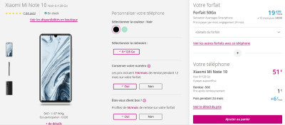 Détail du prix du Xiaomi Mi Note 10 avec un forfait Bouygues