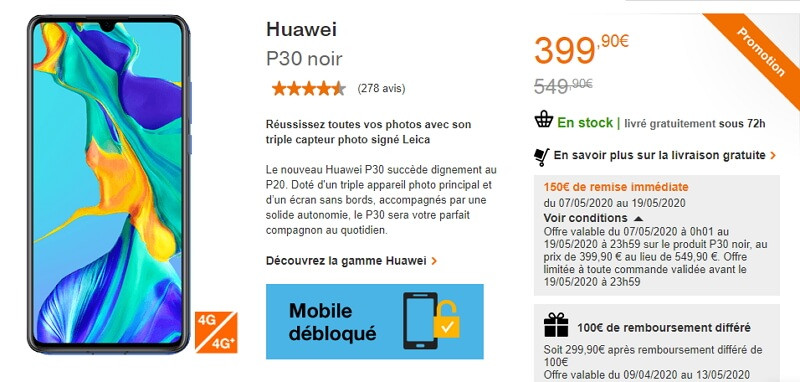 Le Huawei p30 pas cher grâce à une double remise chez Orange : 299,90 euros