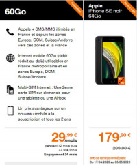 Prix de l'iPhone SE 2020 avec un forfait Orange 60 Go