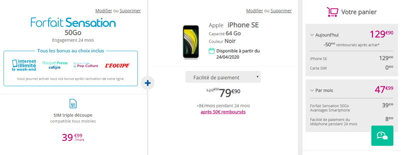 Prix de l'Iphone SE chez Bouygues avec un forfait Sensation 50 Go