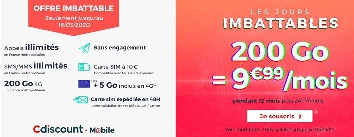 200 Go à seulement 9,99€/mois, c'est le forfait mobile imbattable de Cdiscount Mobile.