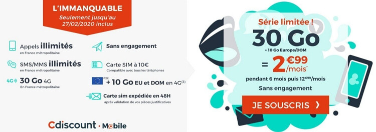 Le forfait en promotion Cdiscount Mobile en détail : 2,99 euros par mois pendant six mois pour 30 Go de 4G