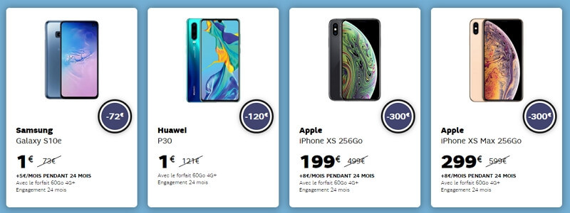 Téléphones en soldes chez sfr en janvier 2020 : iPhone XS, Samsung Galaxy S10, Huawei P30
