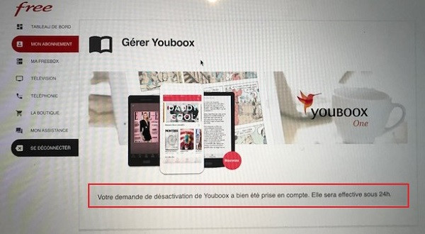 Il est possible de résilier en quelques clics l'option Youboox One.