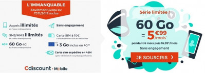 L'immanquable de Cdiscount Mobile est actuellement le meilleur forfait mobile du moment, avec 60 Go à seulement 5,99€/mois.