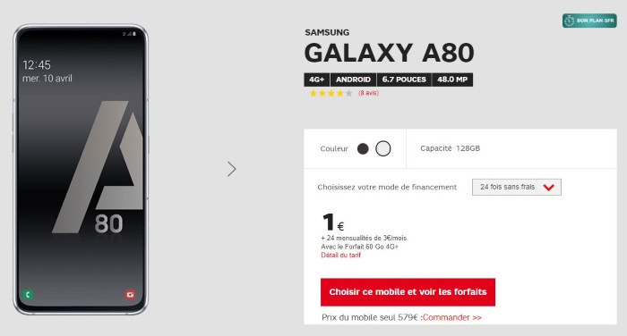 samsung galaxy A80 pas cher avec un forfait SFR en octobre 2019