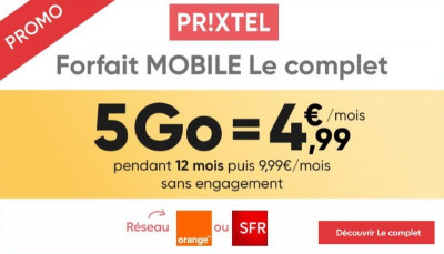 Le forfait mobile pas cher de Prixtel à 4,99 euros par mois pour 5 Go en septembre 2019