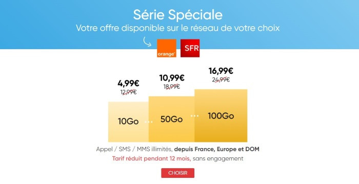 Forfait en promotion Prixtel 10 Go à 4,99 euros par mois, ajustable à 50 ou 100 Go