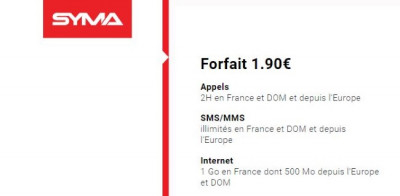 Forfait pas cher Syma Mobile : 1,90 euro par mois