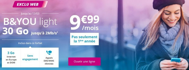 Bouygues : forfait B&You 30 Go, prix sans limite de durée