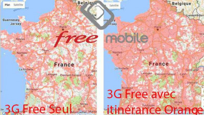 Crte de couverture 3G Free, sans et avec le réseau 3G d'Orange